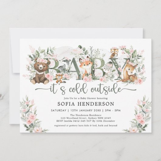 冬のバラウッドランド動物ガールベビーシャワー 招待状 (正面)
