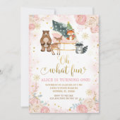 冬のバラピンクスノーフレーク誕生日クリスマス 招待状 (正面)