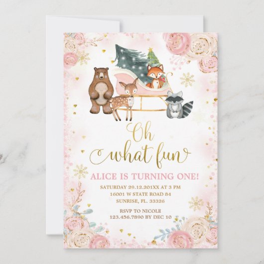 冬のバラピンクスノーフレーク誕生日クリスマス 招待状 (正面)