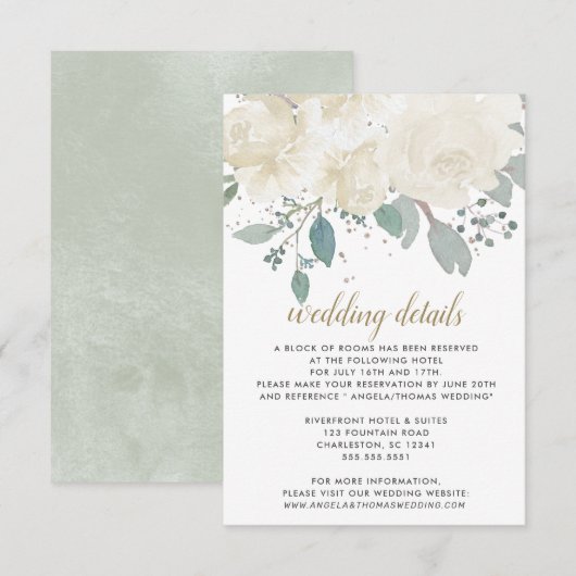 冬のバラホワイト金ゴールド結婚フローラ エンクロージャーカード (正面/裏面)