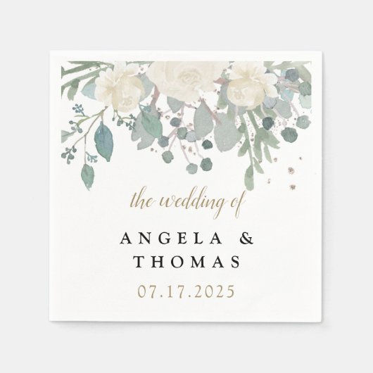 冬のバラホワイト金ゴールド結婚フローラ スタンダードカクテルナプキン (正面)