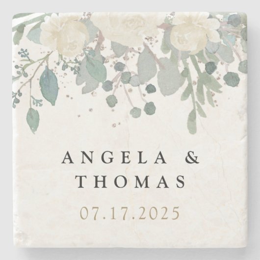 冬のバラホワイト金ゴールド結婚フローラ ストーンコースター (正面)