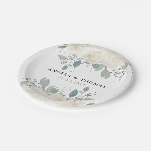 冬のバラホワイト金ゴールド結婚フローラ ペーパープレート (アングル)