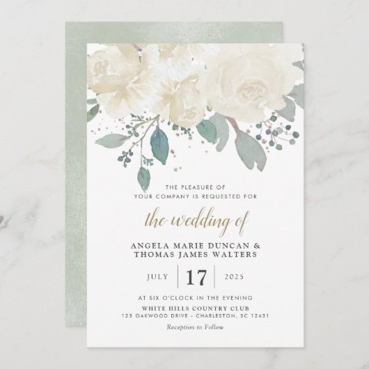 冬のバラホワイト金ゴールド結婚フローラ 招待状 (正面/裏面)