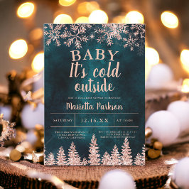 冬のバラ金ゴールド雪の松の赤ちゃんシャワー 招待状