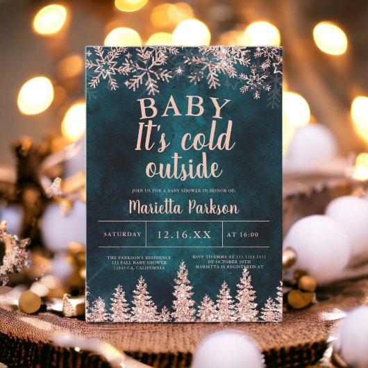 冬のバラ金ゴールド雪の松の赤ちゃんシャワー 招待状