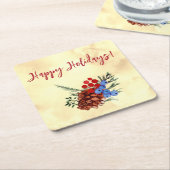 冬のバリーハッピーホリデーズツリーイエローレッド スクエアペーパーコースター (アングル)