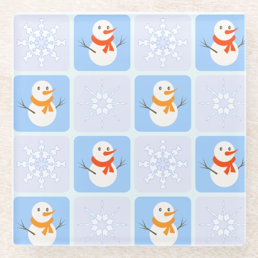 冬のパタ市松模様にン雪だるまと雪の結晶 ガラスコースター (正面)