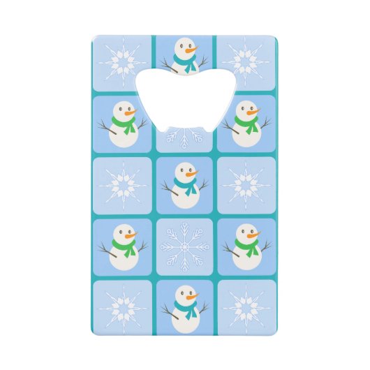 冬のパタ市松模様にン雪だるまと雪の結晶 クレジットカード栓抜き (正面)