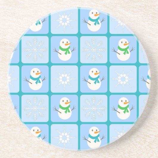 冬のパタ市松模様にン雪だるまと雪の結晶 コースター (正面)