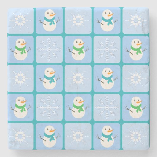 冬のパタ市松模様にン雪だるまと雪の結晶 ストーンコースター (正面)