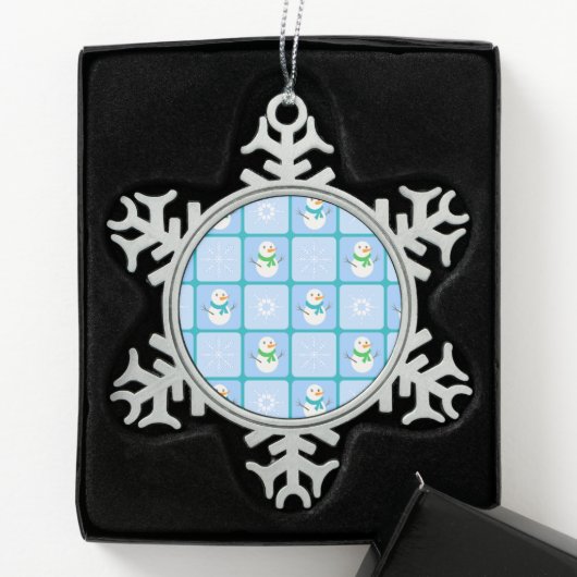 冬のパタ市松模様にン雪だるまと雪の結晶 スノーフレークピューターオーナメント (ボックス)