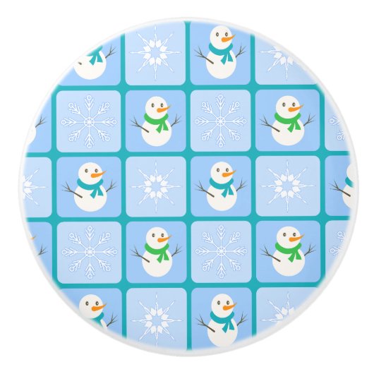 冬のパタ市松模様にン雪だるまと雪の結晶 セラミックノブ (正面)