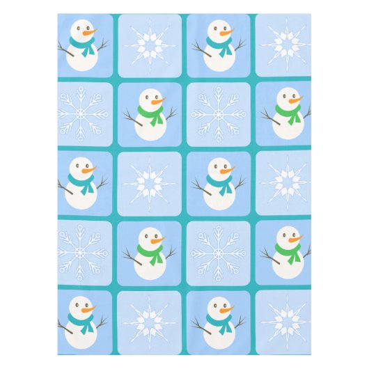 冬のパタ市松模様にン雪だるまと雪の結晶 テーブルクロス (正面)