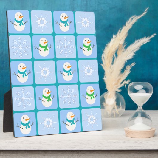冬のパタ市松模様にン雪だるまと雪の結晶 フォトプラーク (側面)