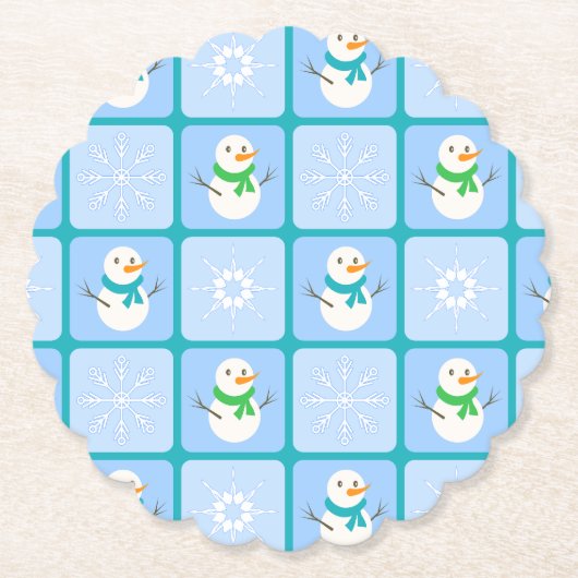 冬のパタ市松模様にン雪だるまと雪の結晶 ペーパーコースター (正面)