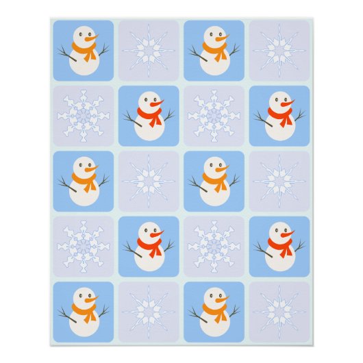 冬のパタ市松模様にン雪だるまと雪の結晶 ポスター (正面)