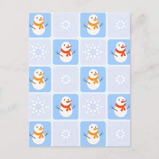 冬のパタ市松模様にン雪だるまと雪の結晶 ポストカード (正面)