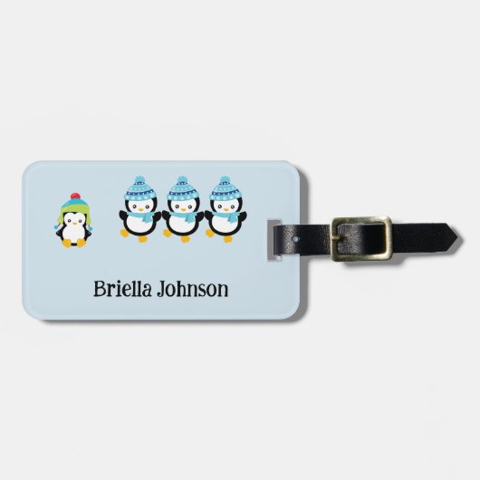 冬のパーソナライズされた両側に服を着たペンギン ラゲッジタグ (正面横)