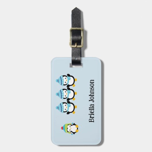 冬のパーソナライズされた両側に服を着たペンギン ラゲッジタグ (正面縦)