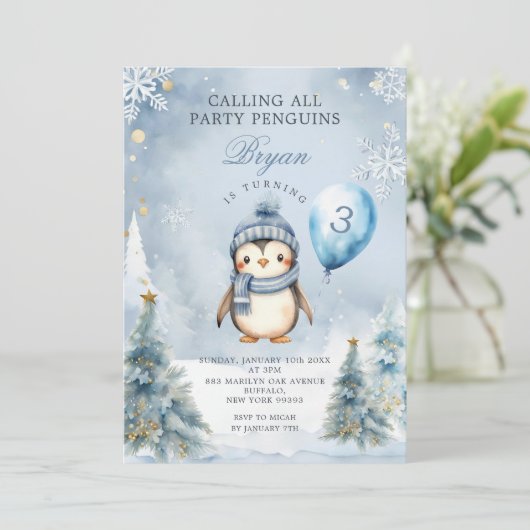 冬のパーティーペンギンブルークリスマス3回目の誕生日 招待状 (スタンド正面)