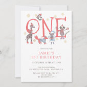 冬のパーティー動物の最初の誕生日 招待状 (正面)