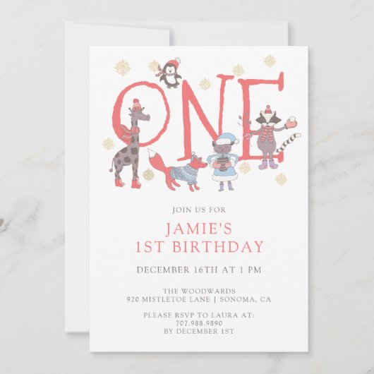 冬のパーティー動物の最初の誕生日 招待状 (正面)