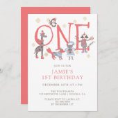 冬のパーティー動物の最初の誕生日 招待状 (正面/裏面)