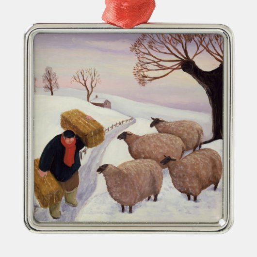 冬のヒツジへの干し草を運ぶこと メタルオーナメント (正面)