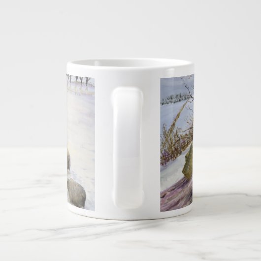 冬のヒツジを食べ物を与えること ジャンボコーヒーマグカップ (裏面)