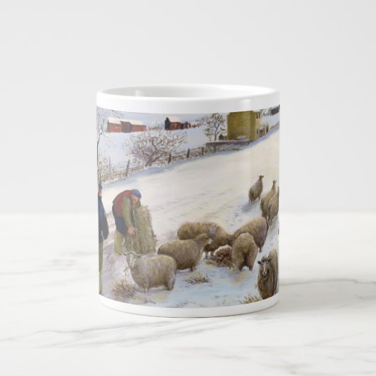 冬のヒツジを食べ物を与えること ジャンボコーヒーマグカップ (正面)
