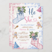 冬のヒトまたはモノ サンタ ソックス クッキー 性別発表 招待状 (正面/裏面)