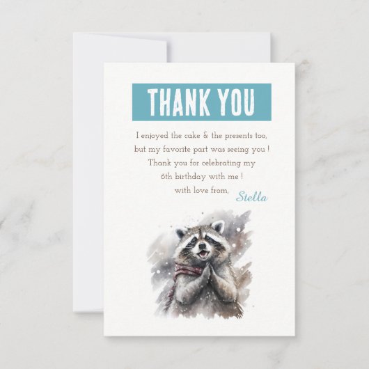 冬のビーズウォーターカラーラクーン – 誕生日 サンキューカード (正面)