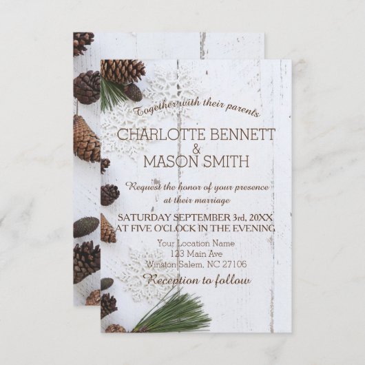 冬のピネコーンとスノーフレー結婚クのカード 招待状 (正面/裏面)