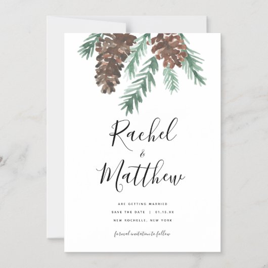 冬のピネコーンの水彩の日付を保存 マグネット招待状 (正面)