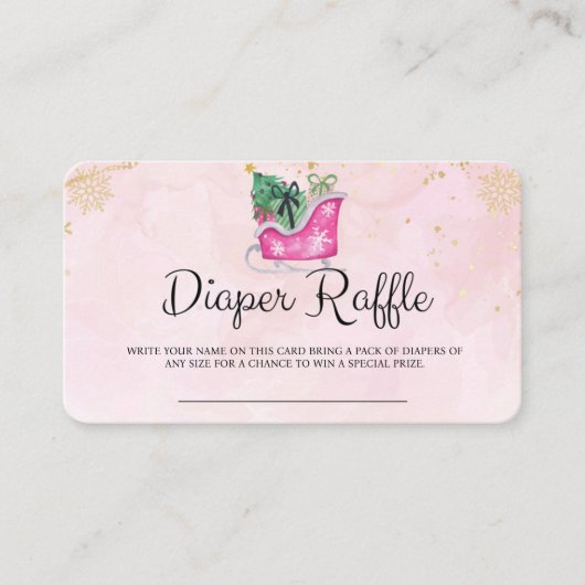 冬のピンクそり赤ちゃんシャワーおむつラッフルカード エンクロージャーカード (正面)