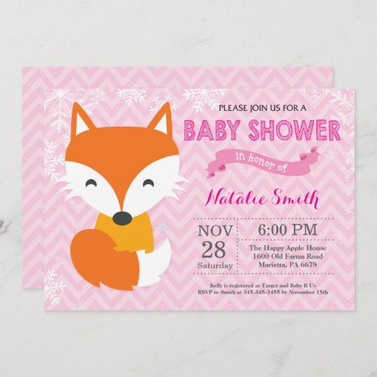 冬のピンクのキツネの女の子のベビーシャワーの招待状 招待状 (正面/裏面)