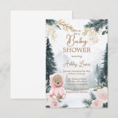 冬のピンクのクマ 　森の雪　ピンクの森 招待状 (正面/裏面)