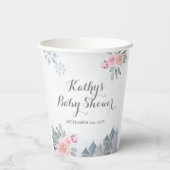 冬のピンクのフローラ松の木ベビーシャワー 紙コップ (裏面)