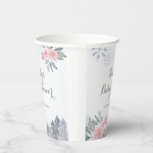 冬のピンクのフローラ松の木ベビーシャワー 紙コップ (右)
