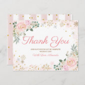 冬のピンクのフローラ雪片ベビーシャワー サンキューカード (正面/裏面)