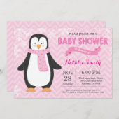 冬のピンクのペンギンの女の子のベビーシャワーの招待状 招待状 (正面/裏面)