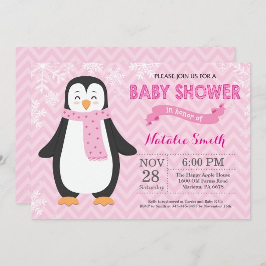 冬のピンクのペンギンの女の子のベビーシャワーの招待状 招待状 (正面/裏面)