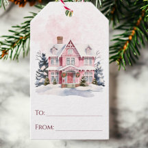 冬のピンクのヴィンテージハウスの水彩クリスマス