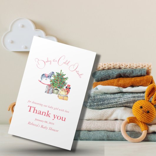 冬のピンクの女の子の赤ちゃんシャワー外は寒い サンキューカード
