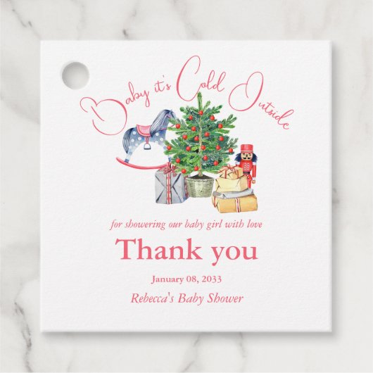 冬のピンクの女の子の赤ちゃんシャワー外は寒い フェイバータグ (正面)