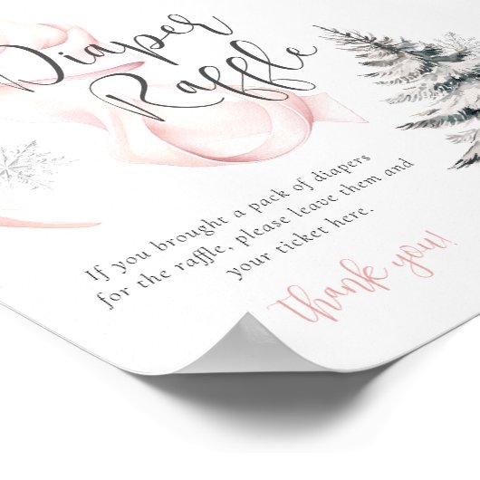 冬のピンクの弓おむつラッフルテーブルサイン ポスター (角)