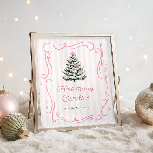 冬のピンクの弓のベイビーシャワー キャンディーの数を当ててみて ポスター