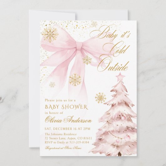 冬のピンクの弓 赤ちゃん 外は寒いよ 赤ちゃんのシャワー 招待状 (正面)