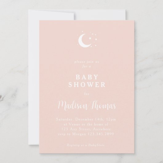 冬のピンクの月と星 招待状 (正面)